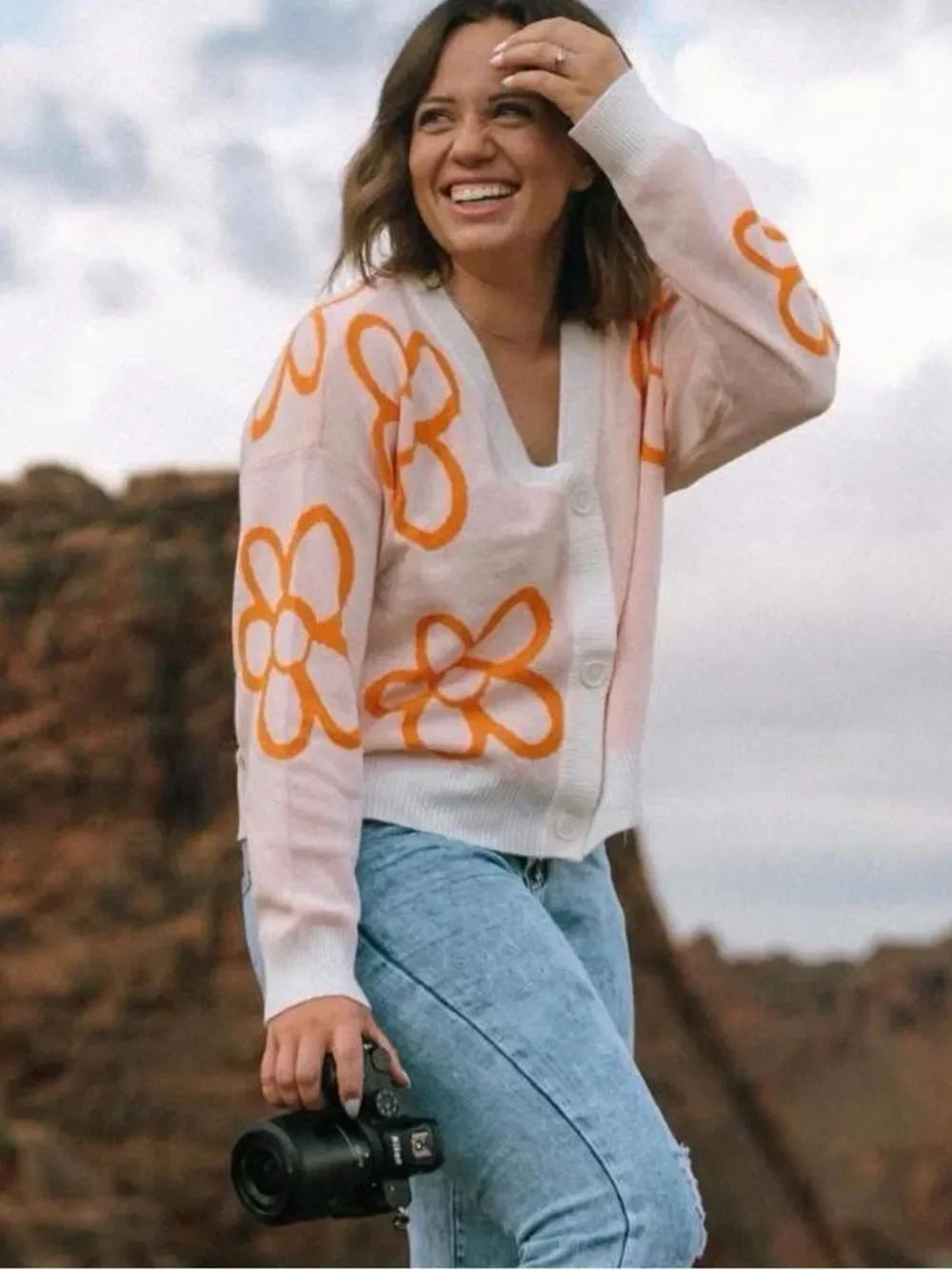 Nikkak Cardigan Sweater with Orange Floral Pattern Cottagecore coquette